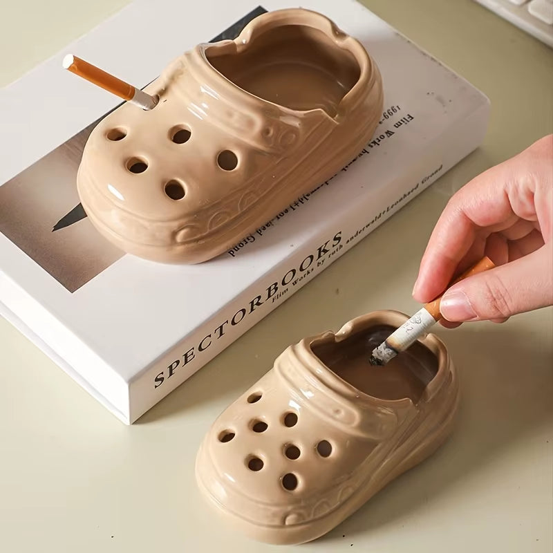 Unique Ceramic Clog Ashtray - Simulation Tool Design in Beige & White, Perfect for Home, Office, and Hotel Decor