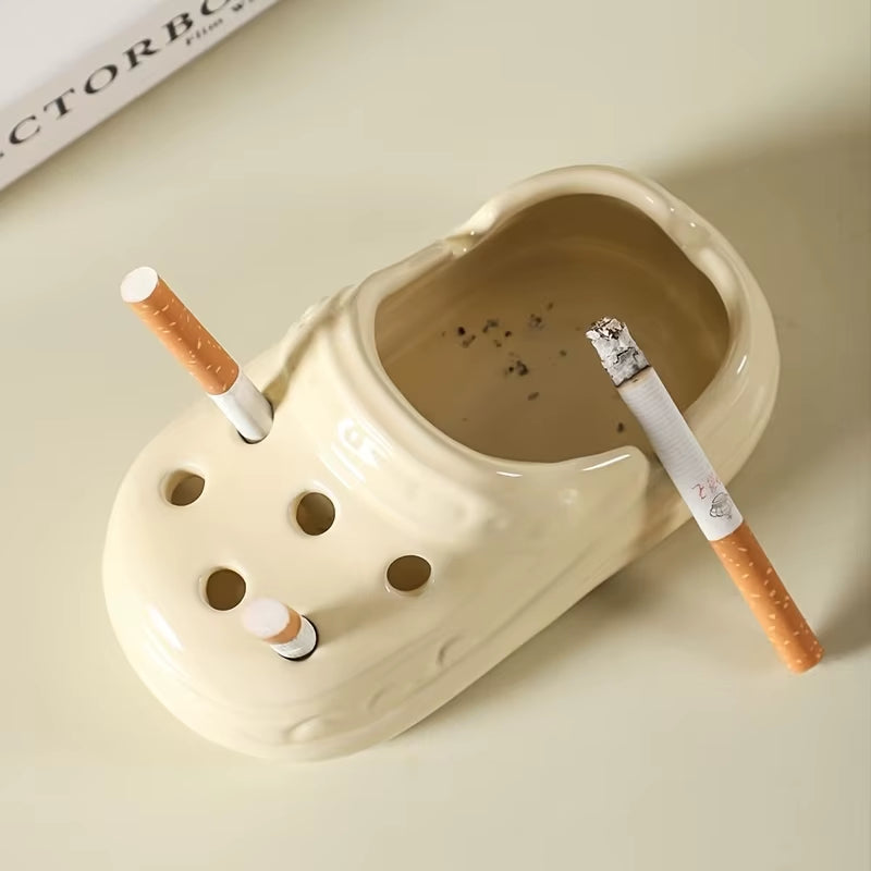 Unique Ceramic Clog Ashtray - Simulation Tool Design in Beige & White, Perfect for Home, Office, and Hotel Decor